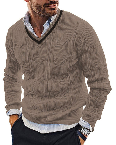 Men's Fashionable V-Neck Slim Fit Long Sleeve Knitted Sweater