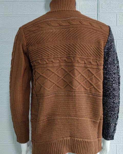 Men's high -necked color skin buckle long -sleeved knit sweater cardigan