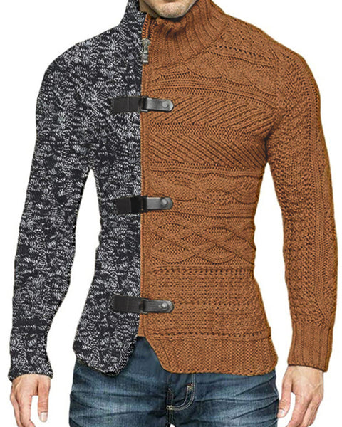 Men's high -necked color skin buckle long -sleeved knit sweater cardigan