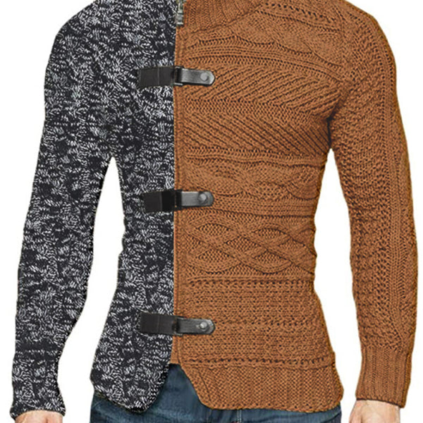 Men's high -necked color skin buckle long -sleeved knit sweater cardigan