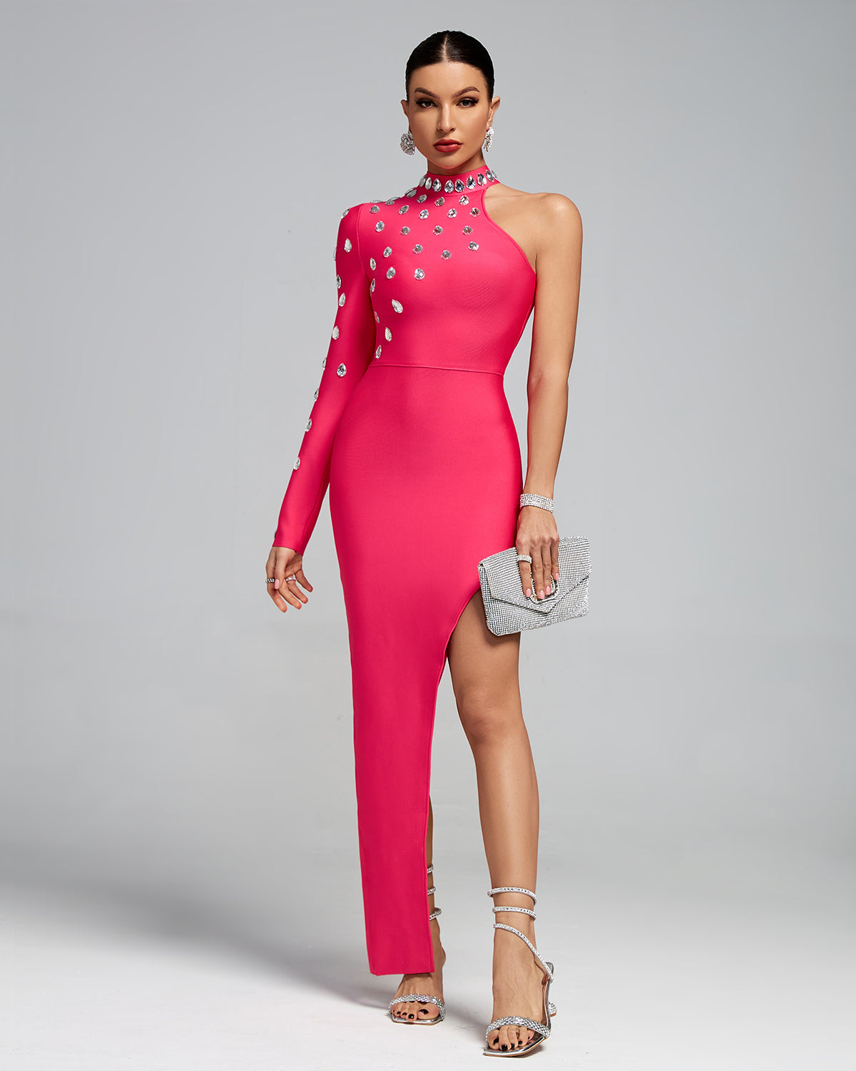 Rose rhinestone one-sleeve maxi dress styled as an elegant evening statement