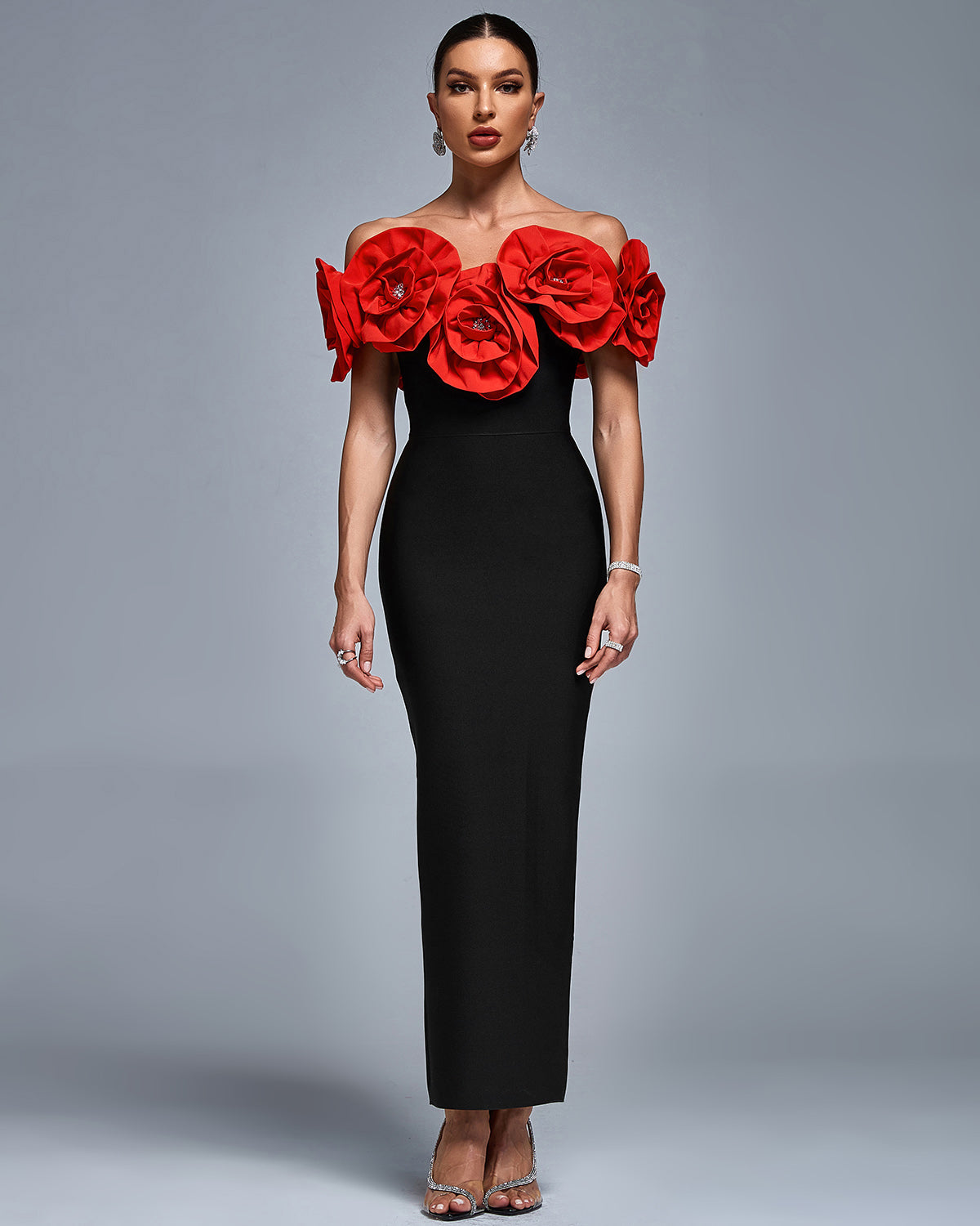 Off-shoulder formal dress styling featuring the Arabella crystal flower dress