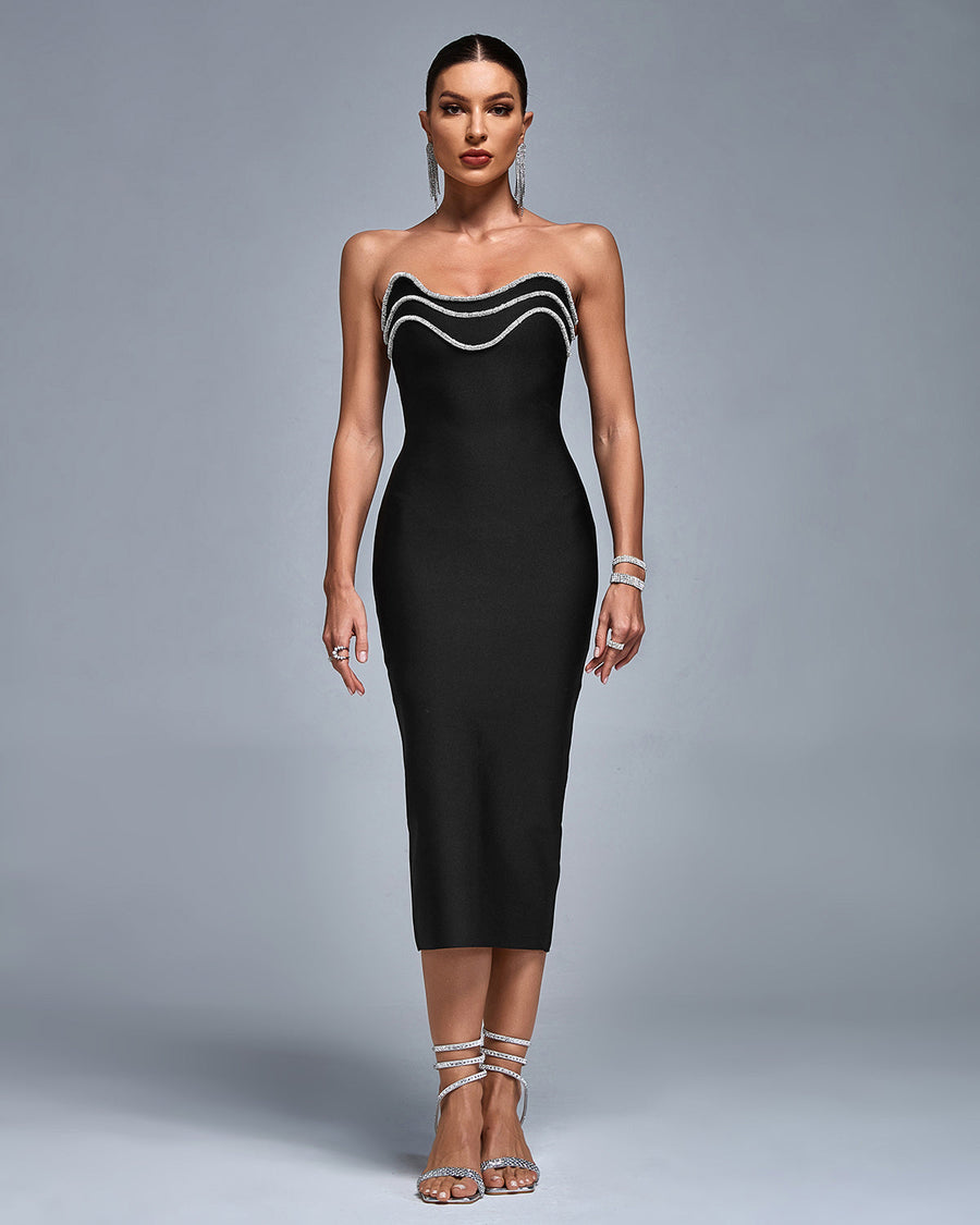 How to style a black evening dress featuring the Brigitte crystal-trim midi