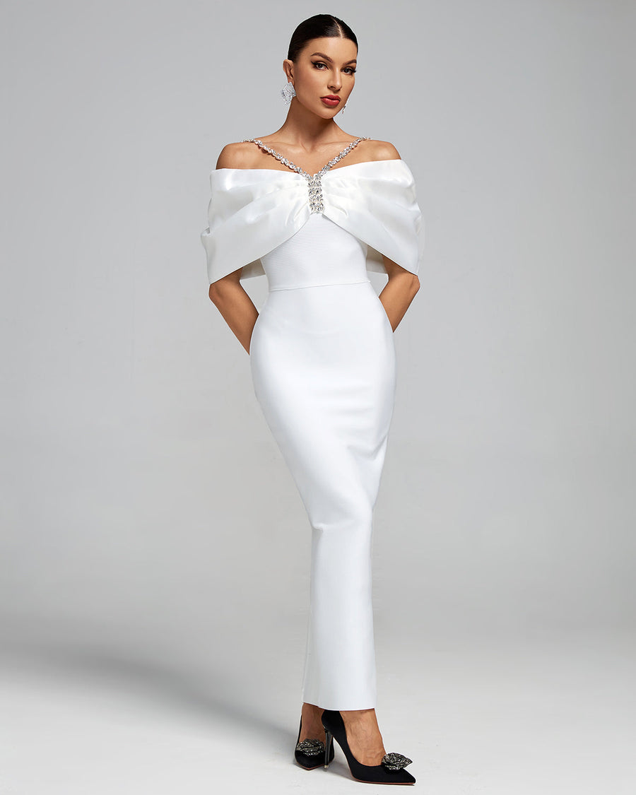 White off-shoulder crystal chain maxi dress for a glamorous formal event