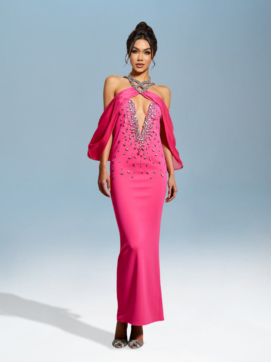 Valeria Bellamy red crystal embellished evening dress