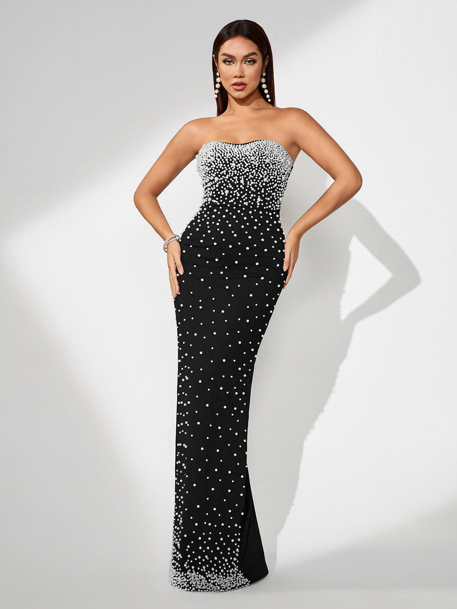 Black pearl accented evening gown for weddings galas and elegant parties