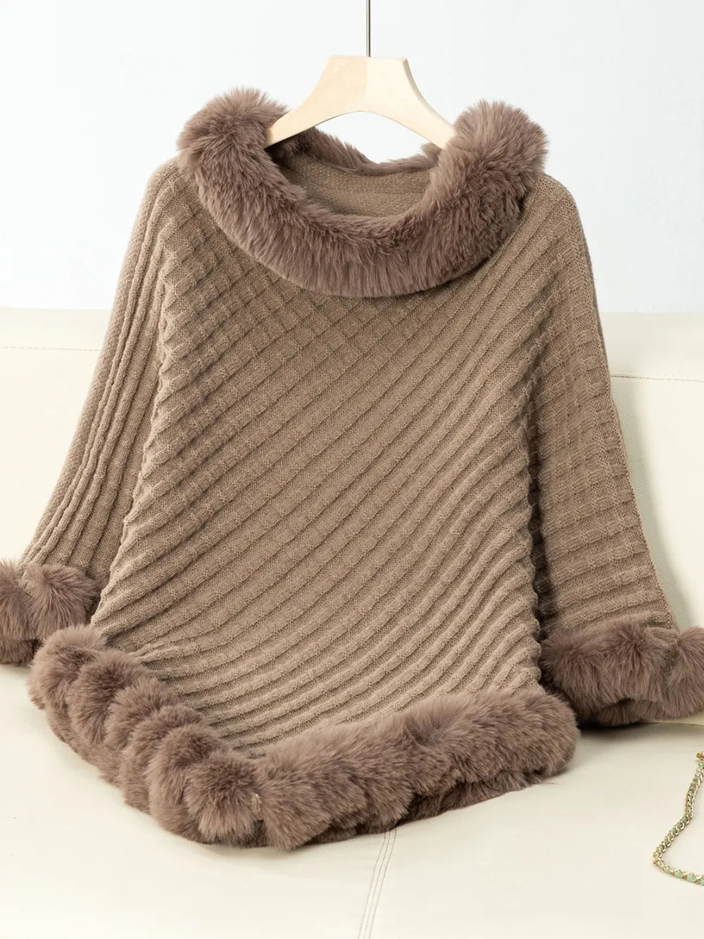 Reese Versailles — Fuzzy Trim Texture Three-Quarter Sleeve Poncho, alternate view 7