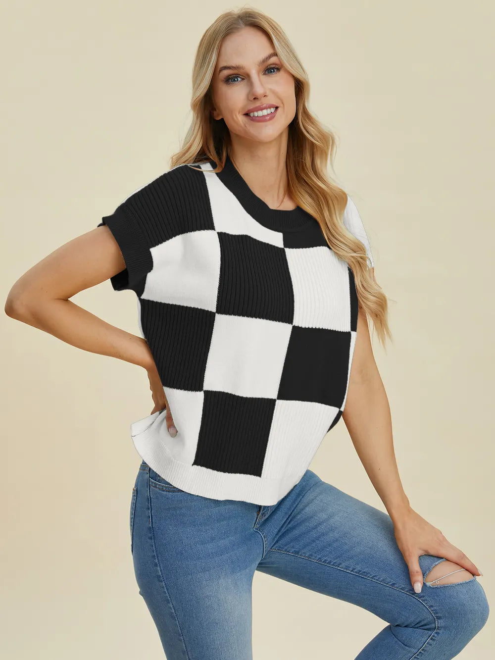 Cove Delacroix — Double Take Full Size Checkered Round Neck Short Sleeve Sweater, alternate view 3