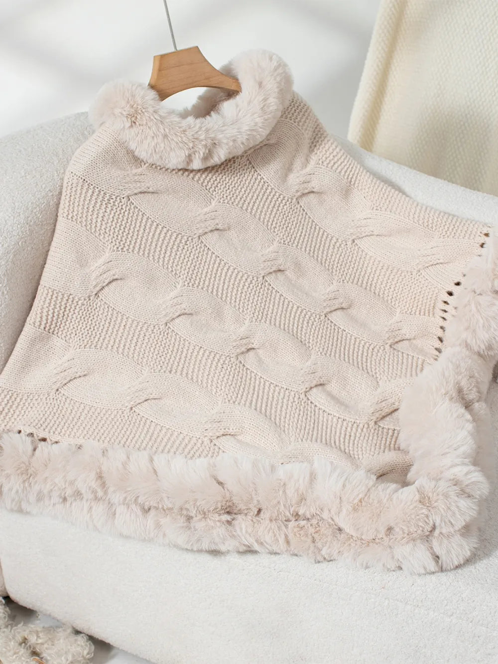 Cove Versailles — Fuzzy Hem Cable-Knit Poncho, alternate view 13