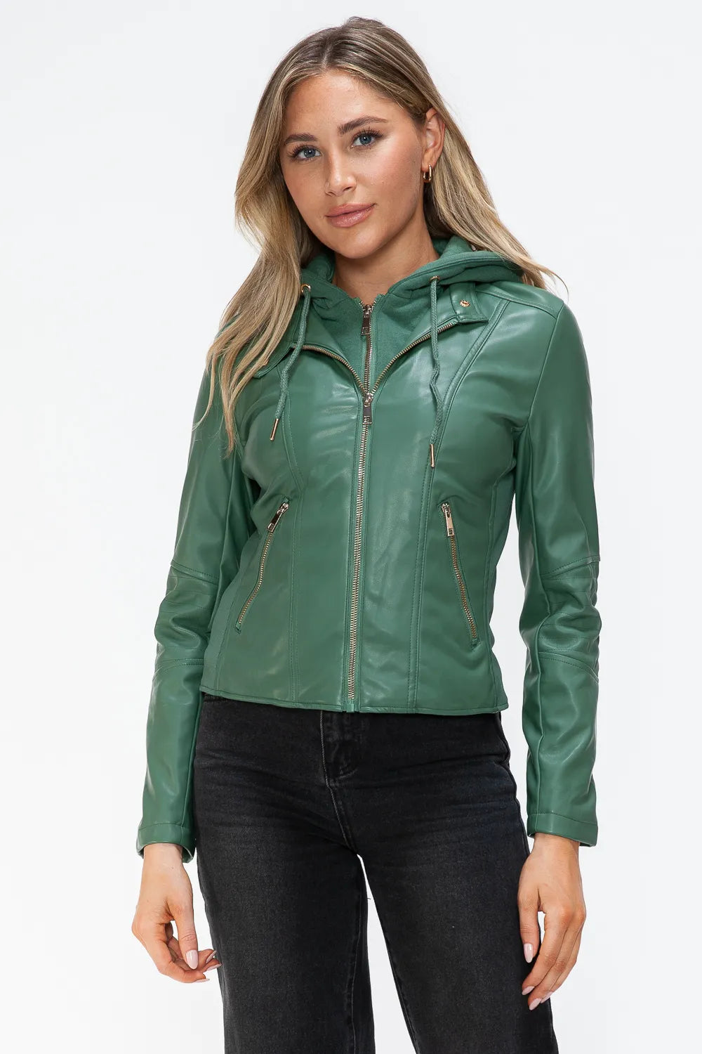 Winter Rosetti — Snobbish Faux Leather Zip Up Drawstring Hooded Jacket, alternate view 6