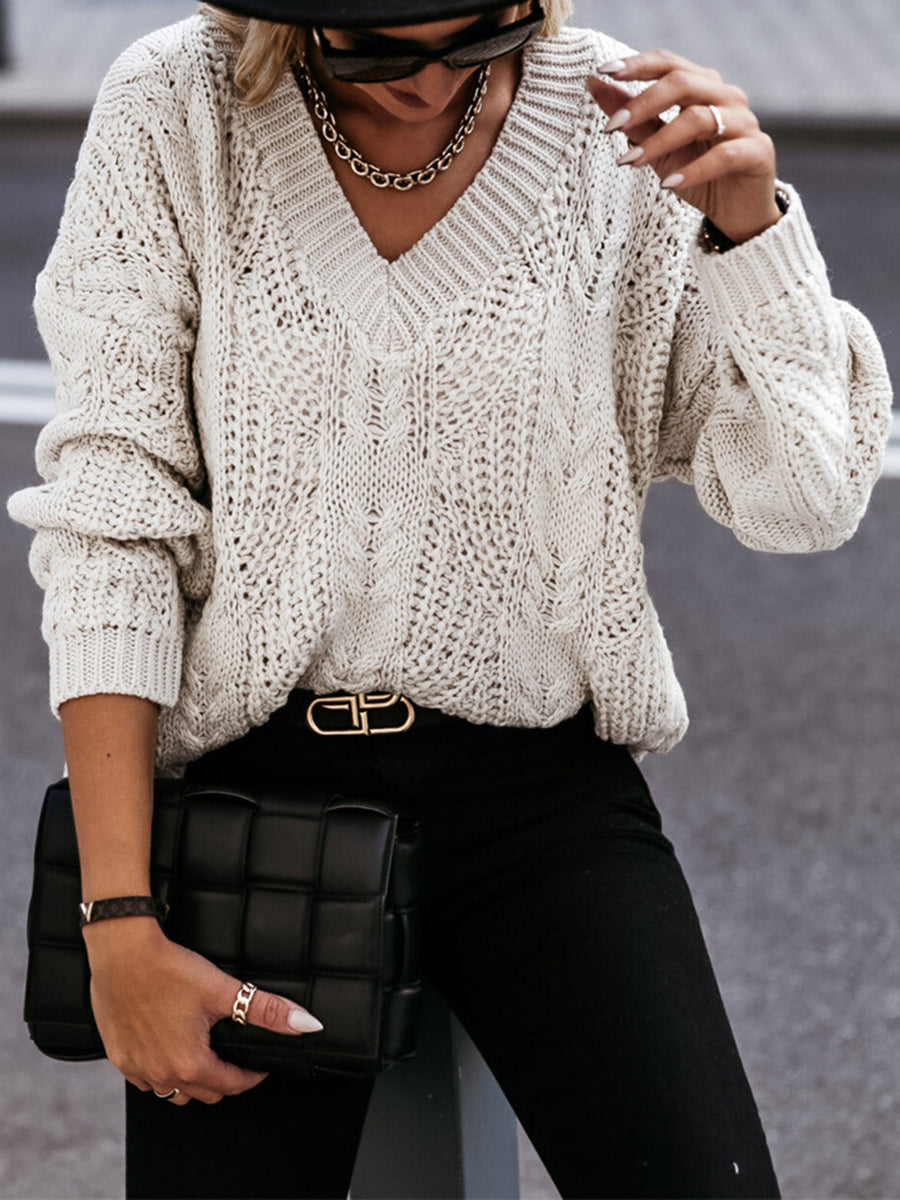 Paris Rousseau — V-Neck Cable-Knit Long Sleeve Sweater, alternate view 2