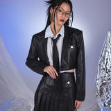College Style Black Vegan Faux Leather Cropped Jacket-0