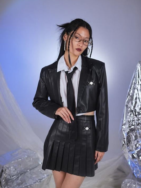 College Style Black Vegan Faux Leather Cropped Jacket-0