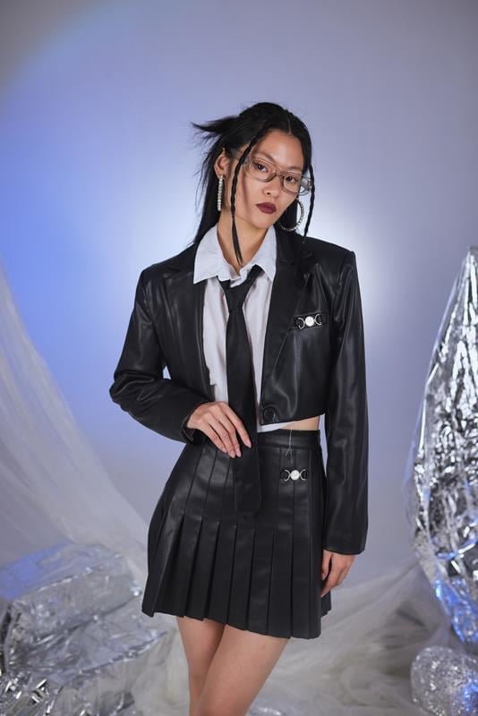 Araminta Beaumont — College Style Black Vegan Faux Leather Cropped Jacket