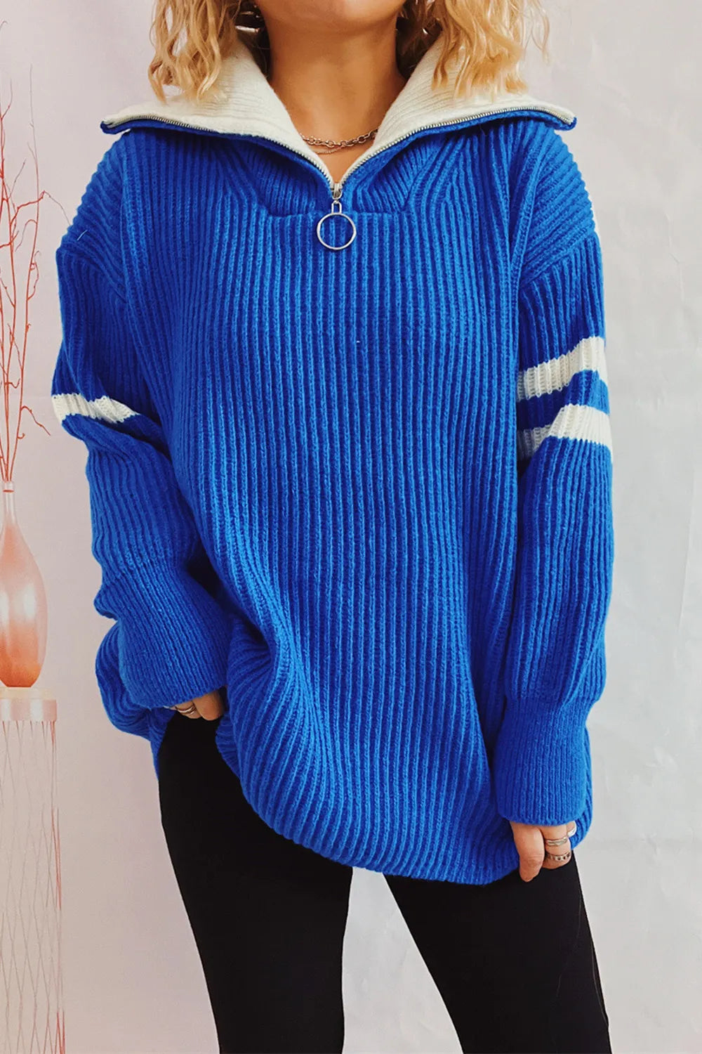 Reese Valmont — Quarter Zip Striped Dropped Shoulder Sweater