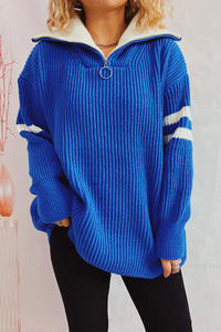 Reese Valmont — Quarter Zip Striped Dropped Shoulder Sweater