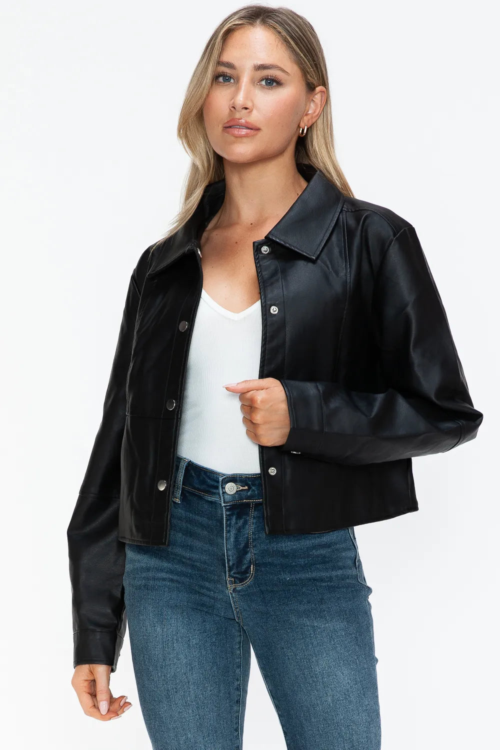 Rain Saint-Clair — Snobbish Snap Down Long Sleeve PU Leather Jacket, alternate view 7