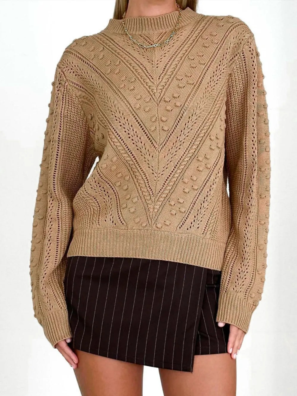 Lior Rivière — Perfee Openwork Round Neck Long Sleeve Sweater, alternate view 4