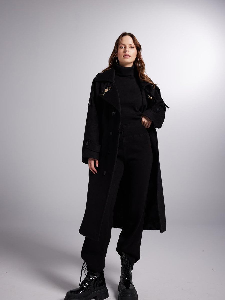 Accessorized Wool Blended Cashmere Maxi Woody Black Coat-0