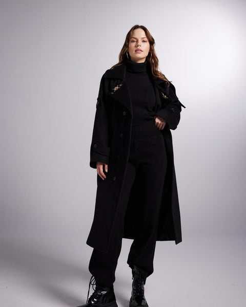 Accessorized Wool Blended Cashmere Maxi Woody Black Coat-0