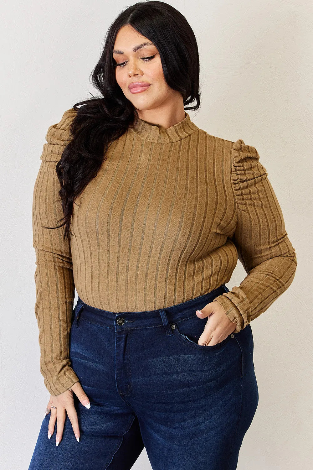Ciel Delacroix — Basic Bae Full Size Ribbed Mock Neck Puff Sleeve T-Shirt, alternate view 30
