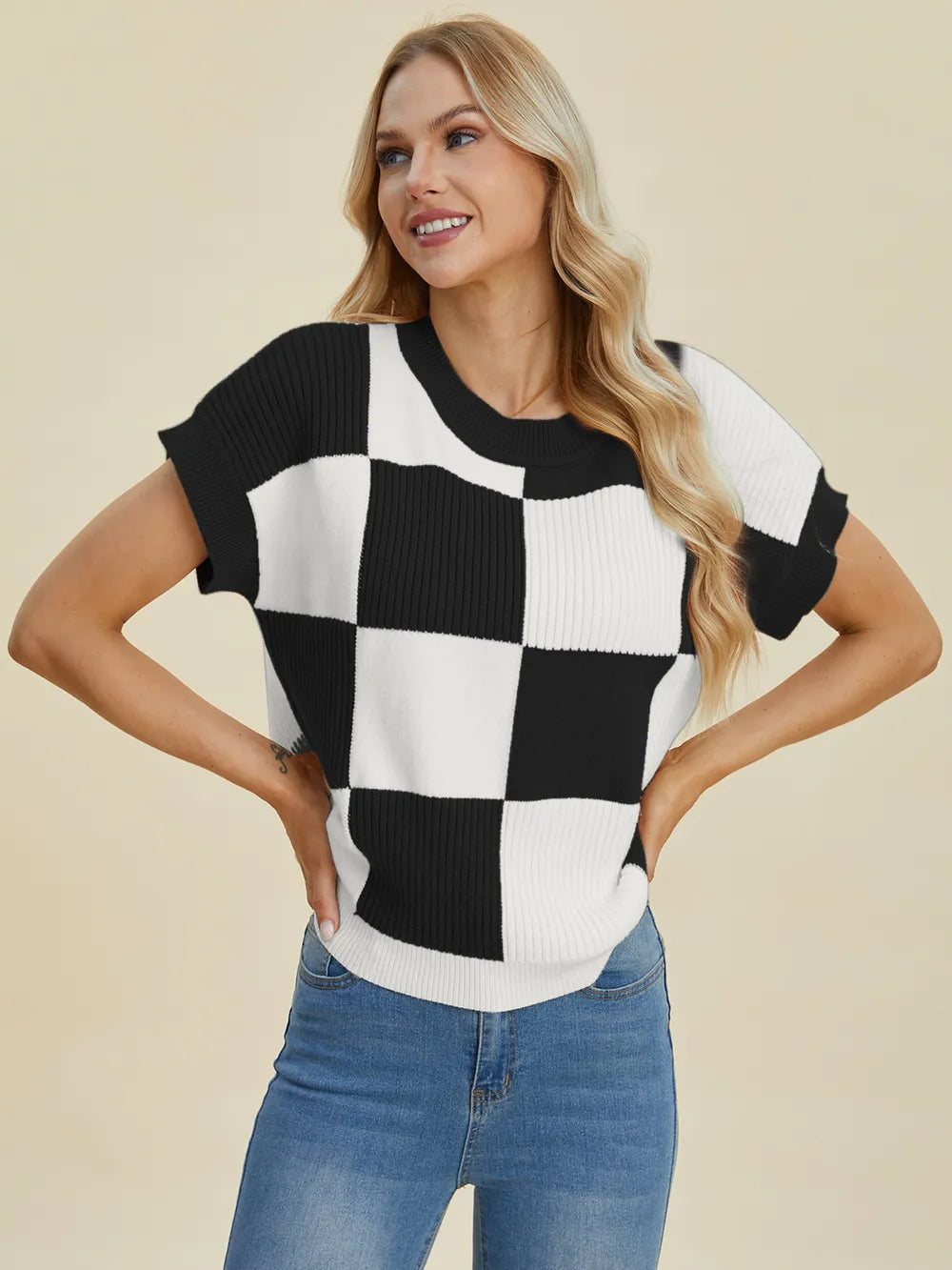 Cove Delacroix — Double Take Full Size Checkered Round Neck Short Sleeve Sweater, alternate view 4