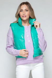 Rowan Saint-Clair — Snobbish Zip Up Turtleneck Shiny Quilted Vest Green Sweater or Cardigan
