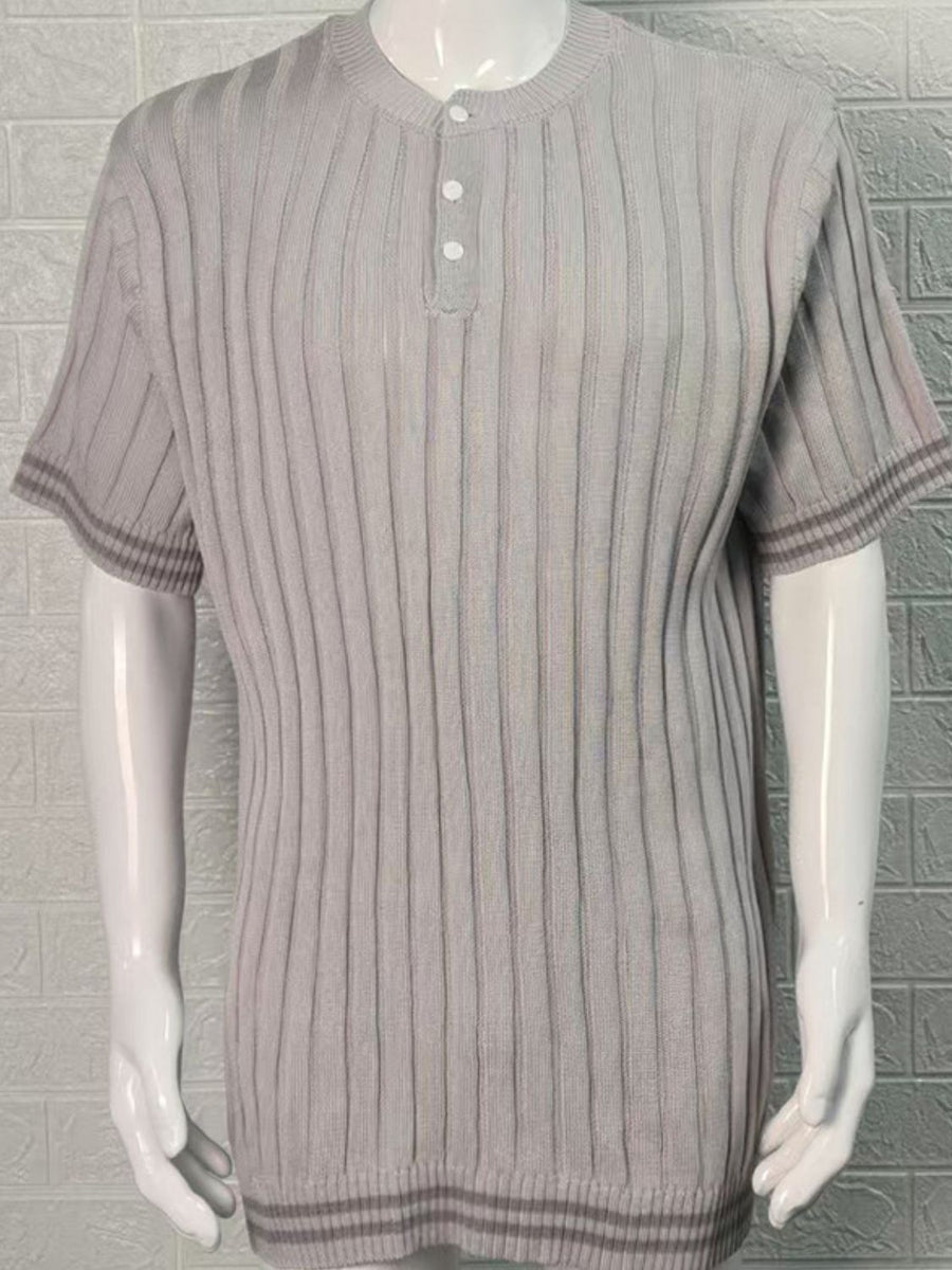 Men's Plus Size Ribbed Quarter Button Round Neck Striped Trim Polo - Opulent Empire