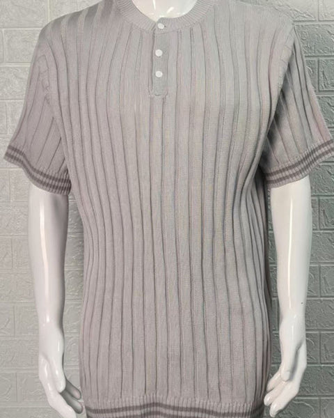 Men's Plus Size Ribbed Quarter Button Round Neck Striped Trim Polo - Opulent Empire