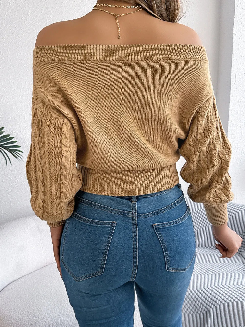Perrin Fontaine — Cable Knit Off-Shoulder Long Sleeve Sweater, alternate view 4