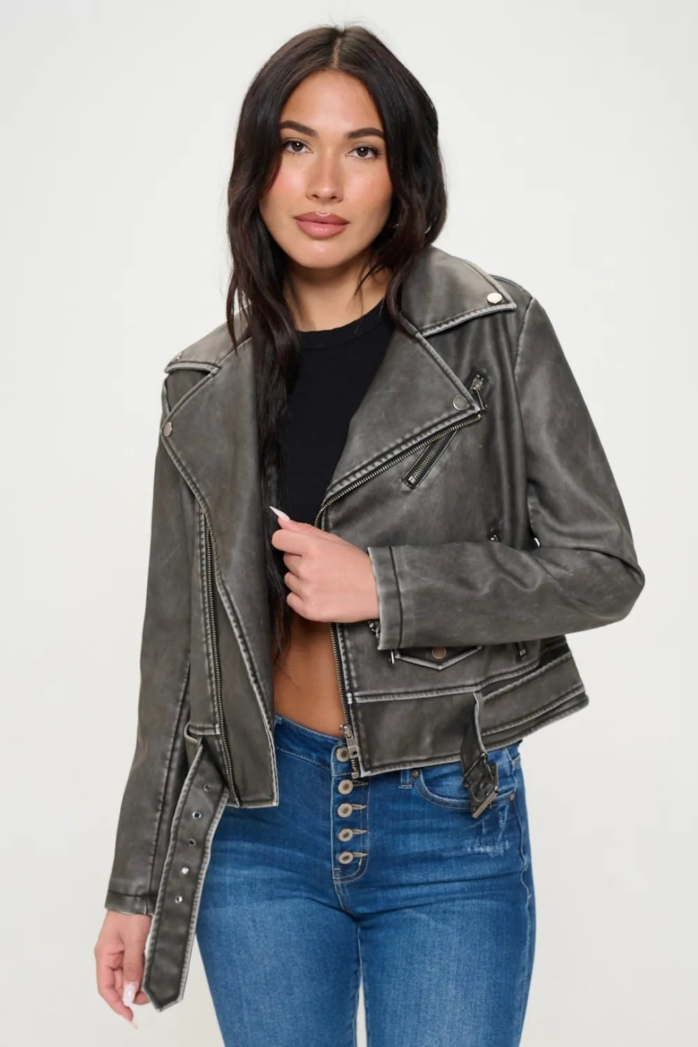 Cove Saint-Clair — Coalition LA Zip Up Biker Jacket with Belt, alternate view 4