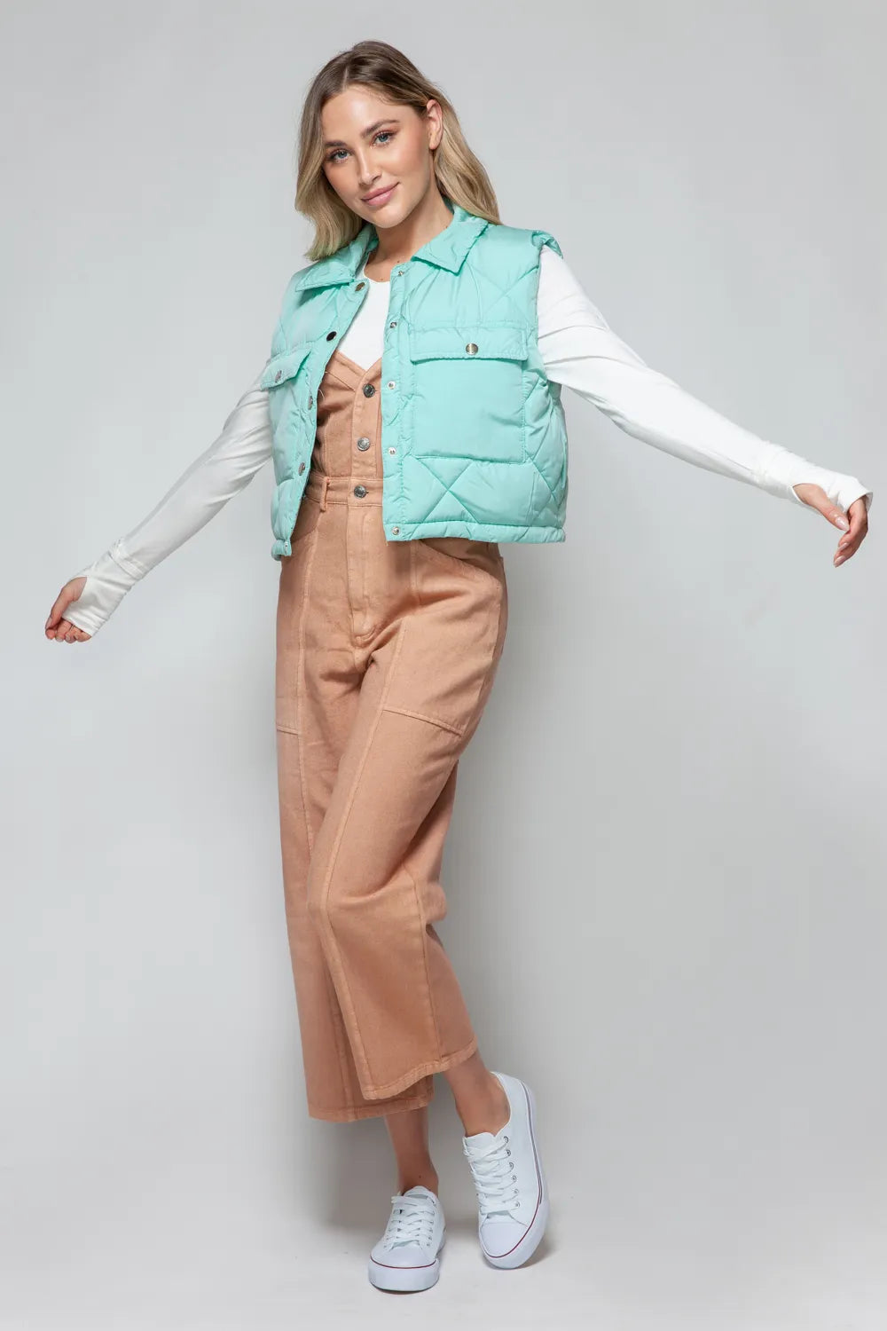 Rowan Rosetti — Snobbish Snap Down Quilted Crop Vest Green Coat or Jacket, alternate view 7