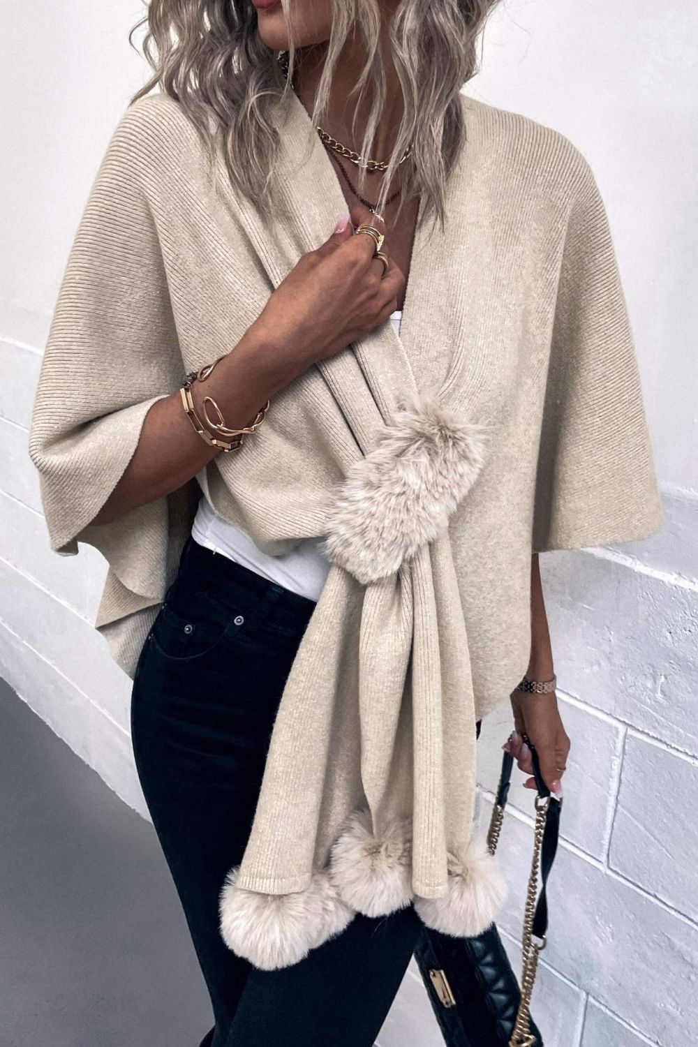 Perrin Sorrento — Surplice Neck Pom-Pom Trim Poncho, alternate view 3