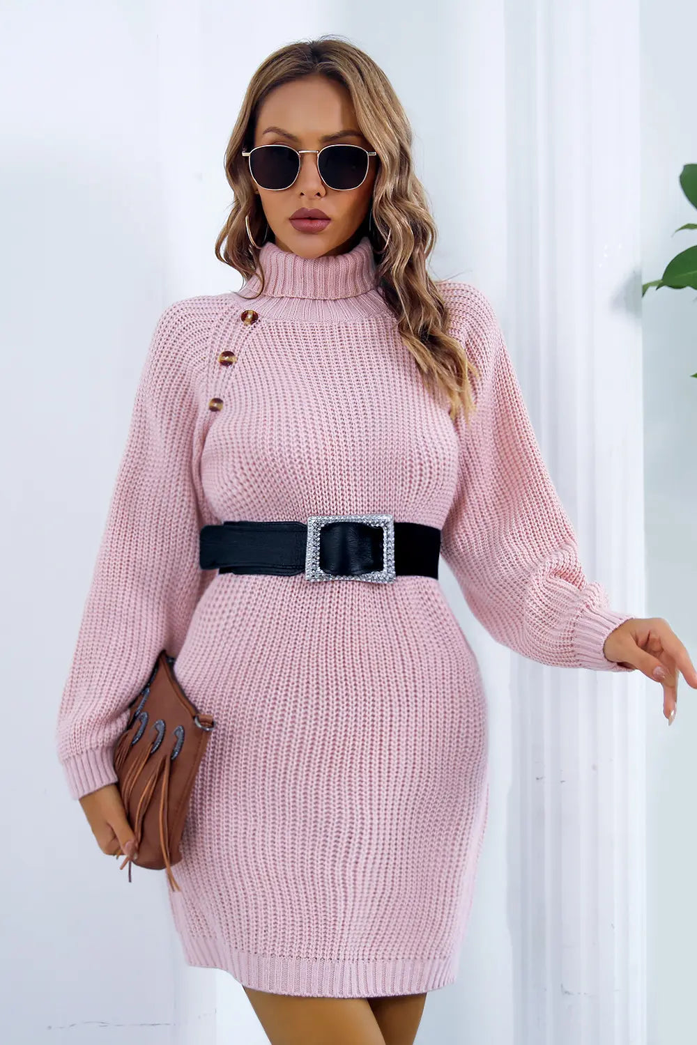 Onyx Fontaine — Buttoned Turtleneck Long Sleeve Sweater Dress, alternate view 8