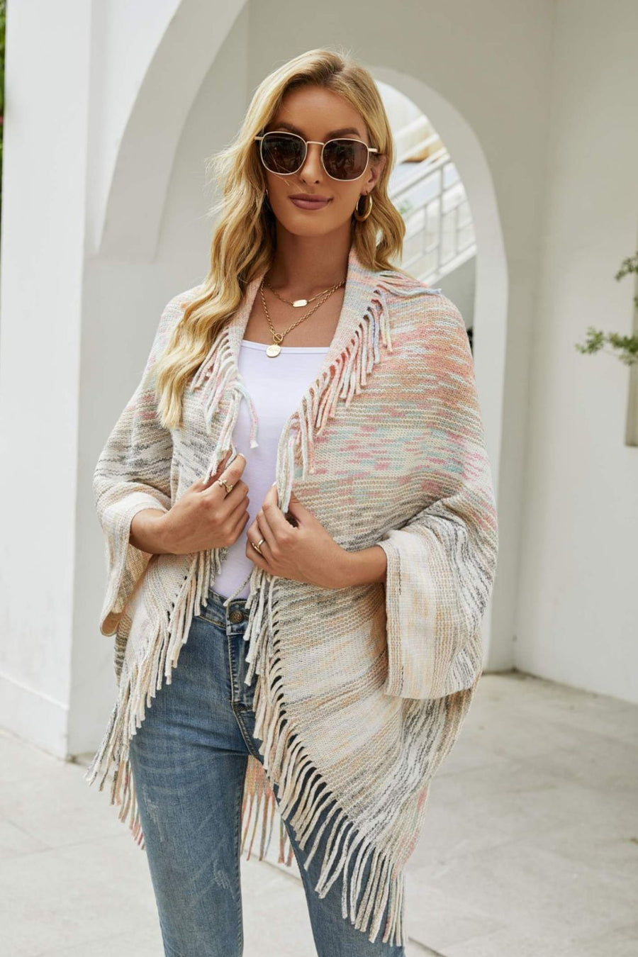 Ocean Sorrento — Multicolored Fringe Trim Poncho