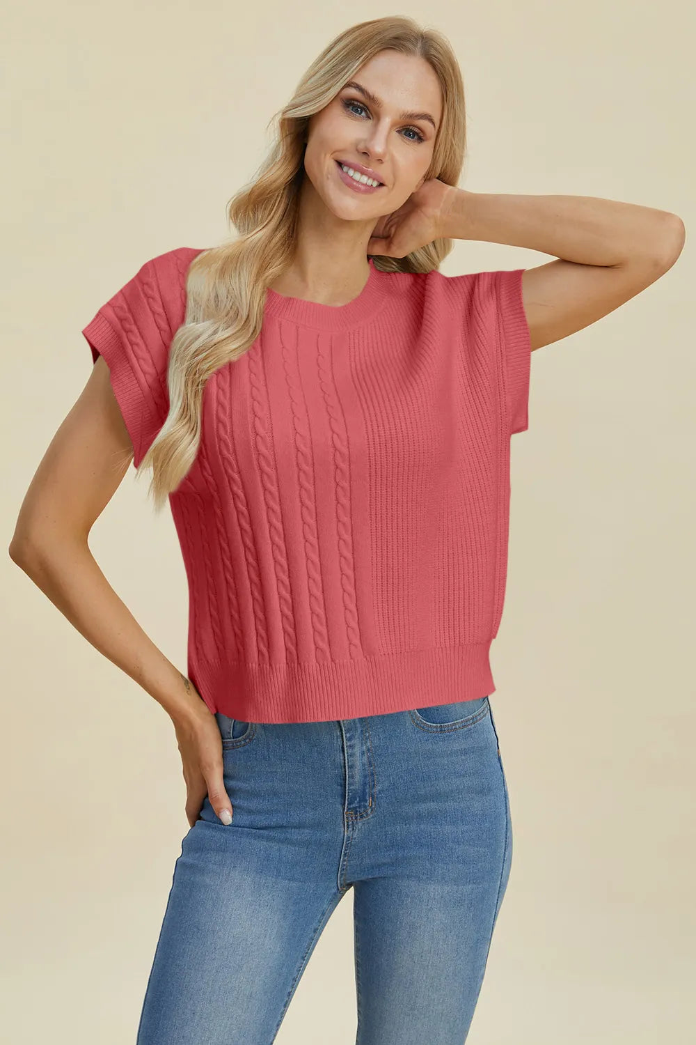 Quinn Fontaine — Double Take Full Size Cable-Knit Round Neck Short Sleeve Sweater, alternate view 12