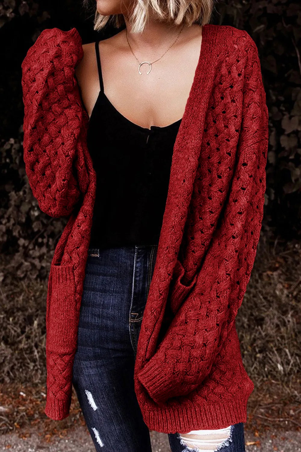Perrin Delacroix — Open Front Dropped Shoulder Cardigan with Pockets, alternate view 28
