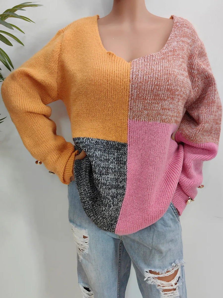 True Bellamy — Color Block Decorative Button Long Sleeve Sweater