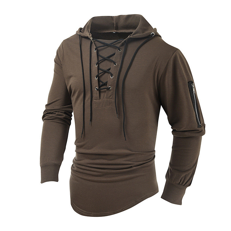 Men's new solid color lace-up sports casual pullover hooded sweatshirt