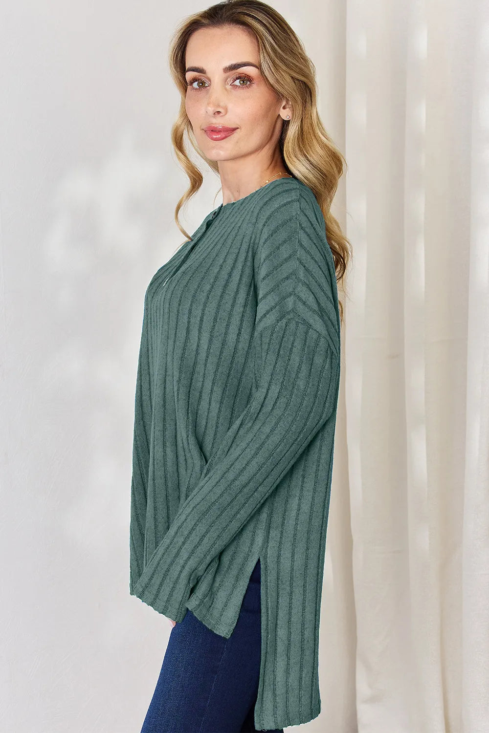 Noa Rousseau — Basic Bae Full Size Ribbed Half Button Long Sleeve High-Low T-Shirt, alternate view 10