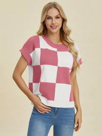Cove Delacroix — Double Take Full Size Checkered Round Neck Short Sleeve Sweater, alternate view 6