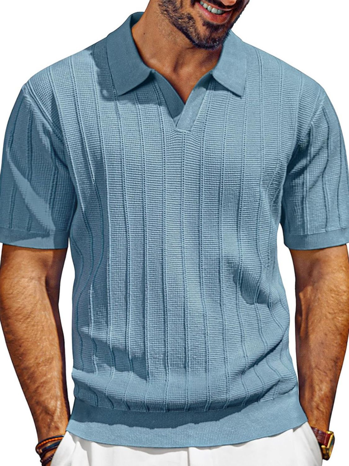 Dorian — Men's Full Size Textured Collared Neck Short Sleeve Polo Plus Size Men's Tailored Shorts, alternate view 3