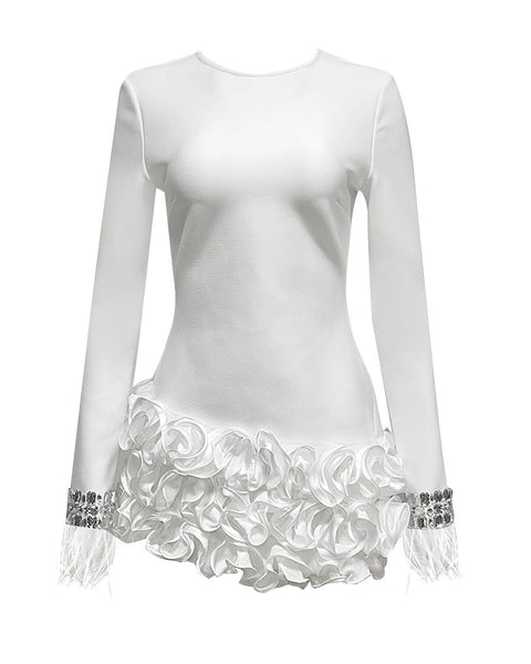 Feather Crystal Ruffled Mini Bandage Dress
