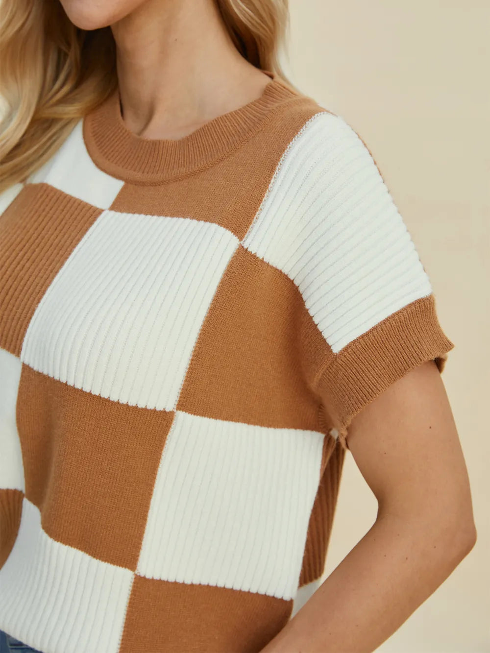 Cove Delacroix — Double Take Full Size Checkered Round Neck Short Sleeve Sweater, alternate view 16