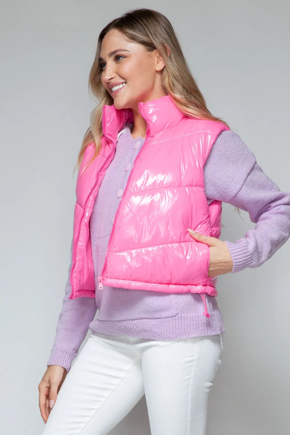 Fable Rosetti — Snobbish Zip Up Turtleneck Shiny Quilted Vest Hot Pink Sweater or Cardigan, alternate view 6