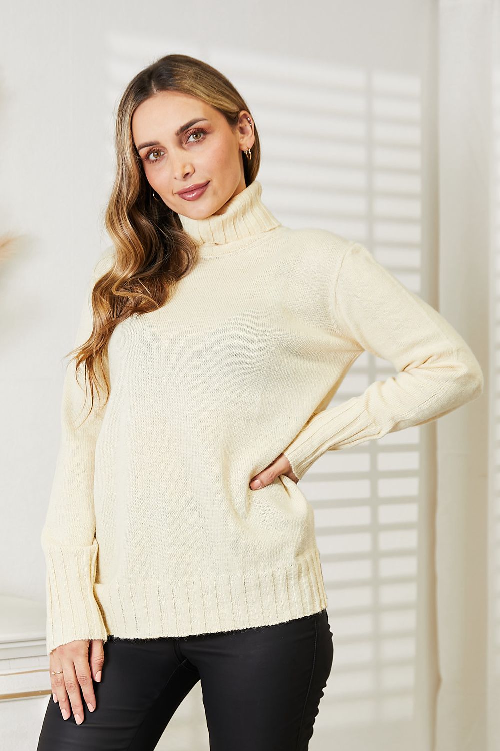 Noa Valmont — Heimish Full Size Long Sleeve Turtleneck Sweater with Side Slit, alternate view 6