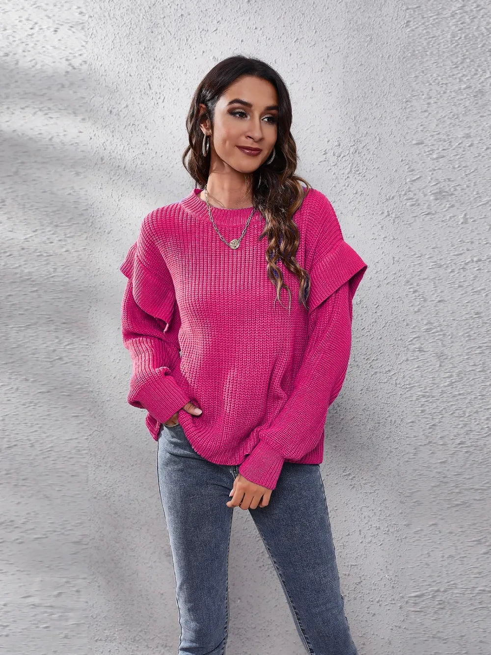 Harbor Bellamy — Ruffled Round Neck Dropped Shoulder Sweater, alternate view 8