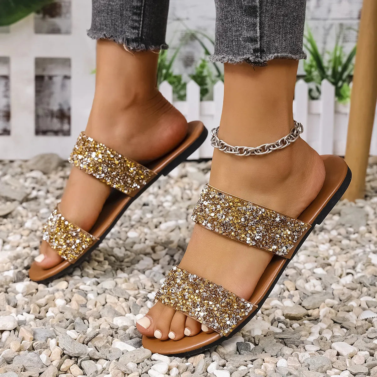 Harbor Marino — Sequin Open Toe Flats Sandals Fashion Footwear, alternate view 9