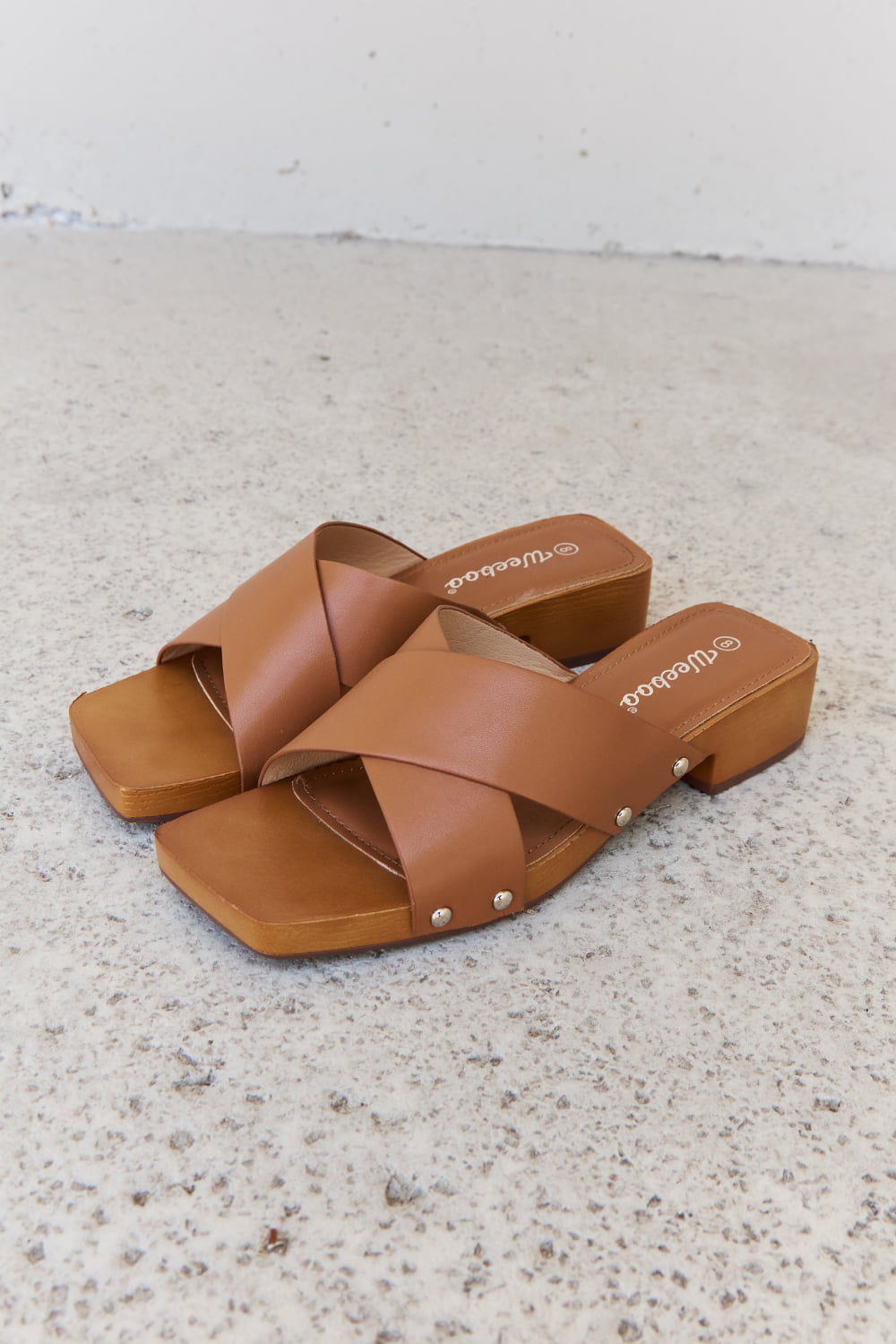 Bellamy Laurent — Weeboo Step Into Summer Criss Cross Wooden Clog Mule in Brown Brown Fashion Footwear, alternate view 6