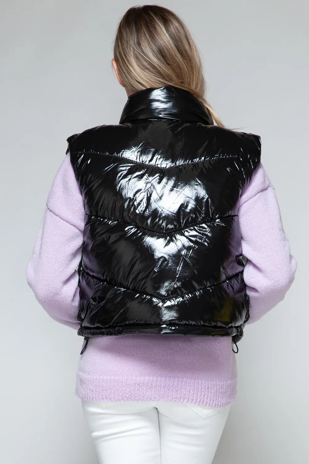 Paris Rosetti — Snobbish Zip Up Turtleneck Shiny Quilted Vest Black Sweater or Cardigan, alternate view 2